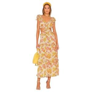 Cleobella Clara Ankle Dress Lucia Floral Print Size XS Midi Yellow Boho Ruffle